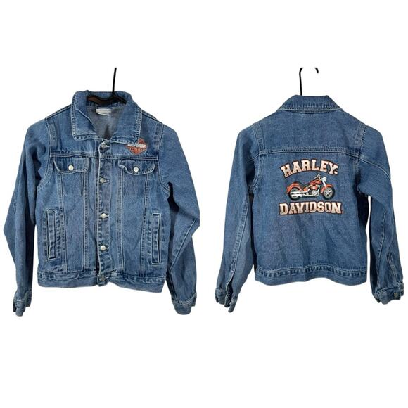 Harley Davidson Motorcycle Blue Jean Denim Logo Trucker Jacket Big Kid 12/14 - Picture 1 of 12